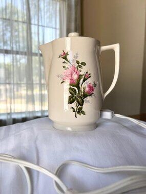 Vintage Floral Electric Teapot Pink Rose Ceramic Pot